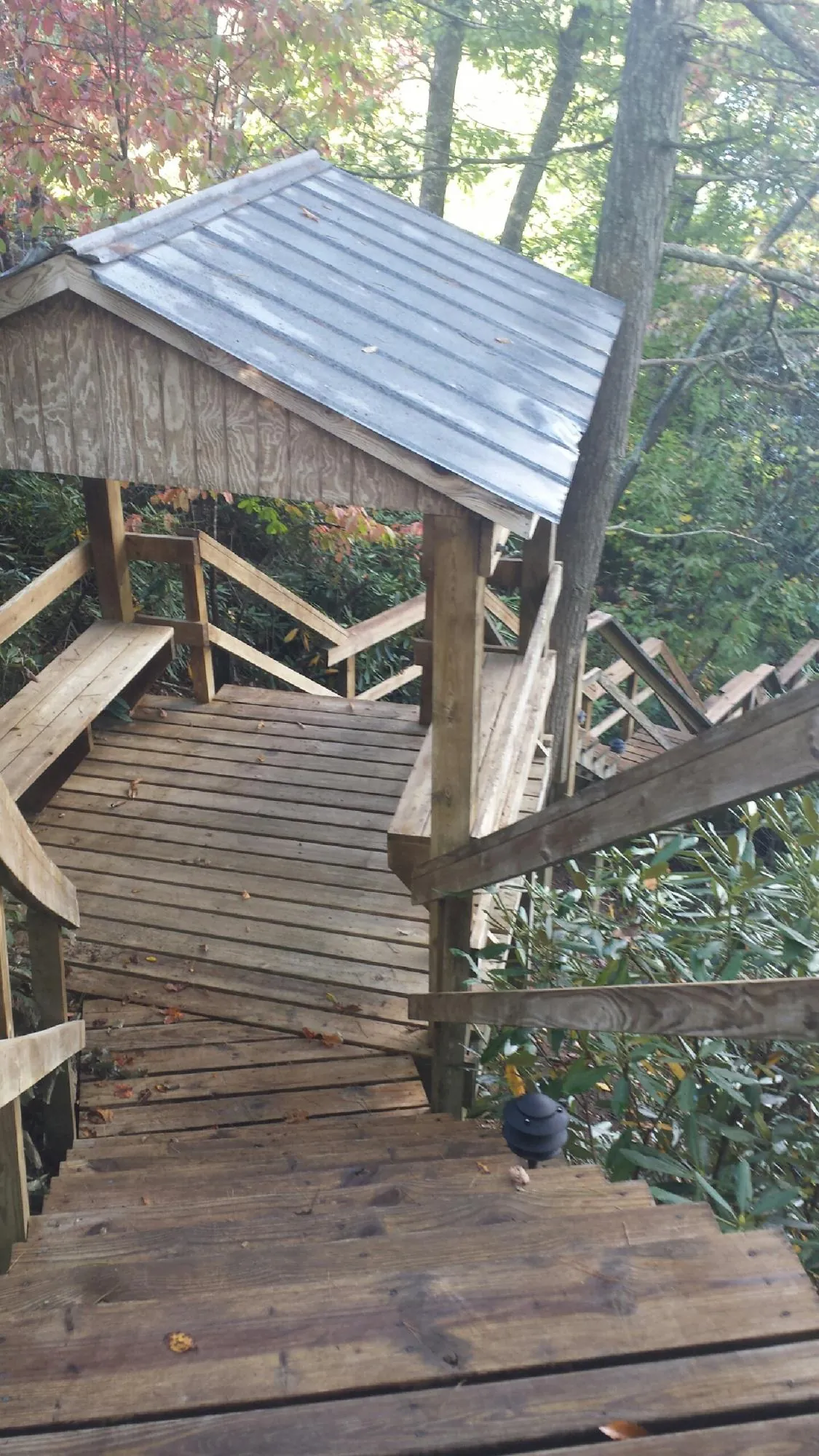 Metal roofed shelter over wooden steps on a wooded walkway — Skylight Repair & Installation work by our crew in Fombell